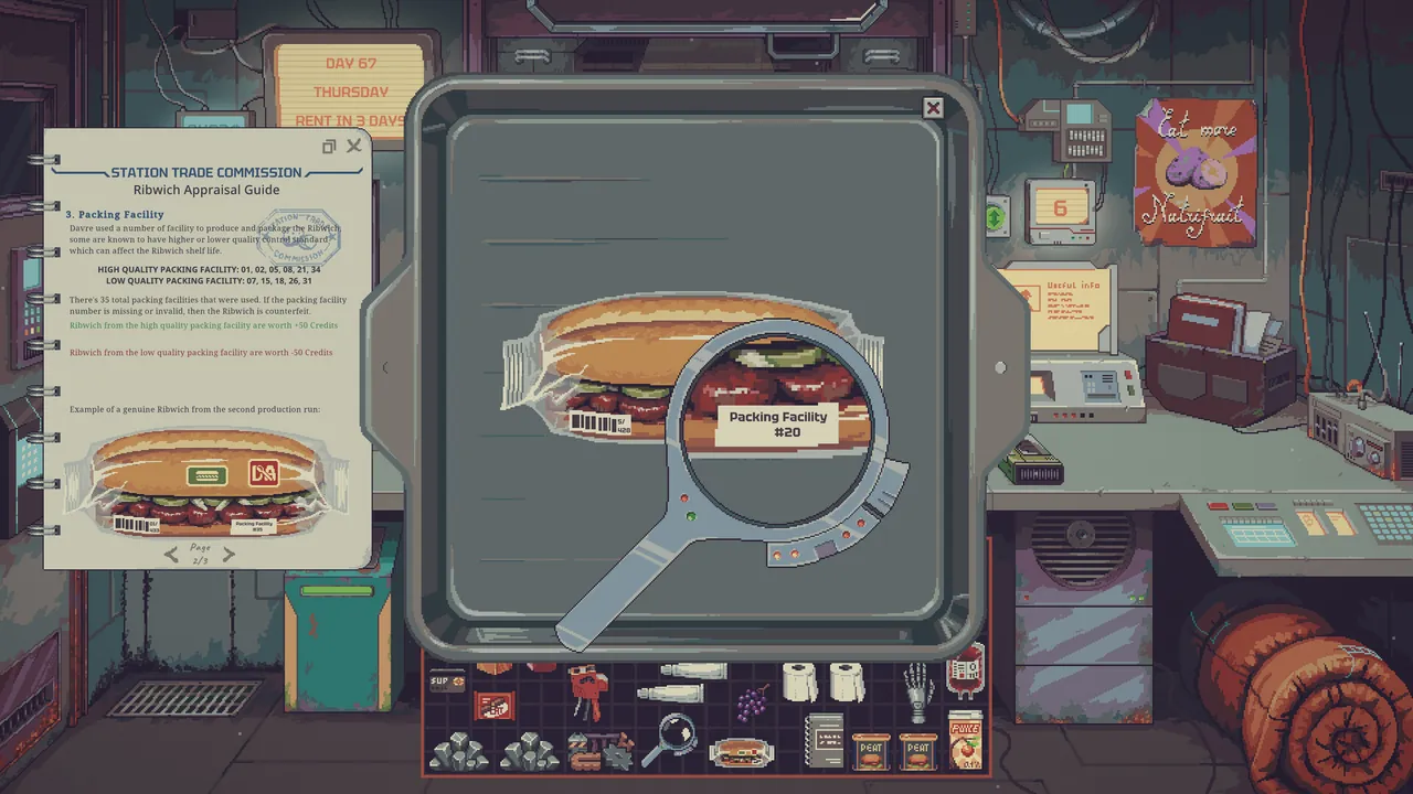 Official Steam store screenshot: a wrapped food item under the magnifier beside the Station Trade Commission appraisal guide.