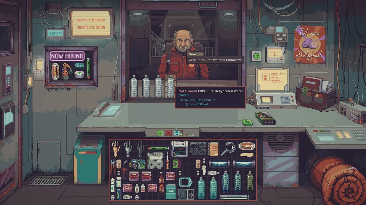 Official Steam store screenshot: a customer offering goods at the shop counter on day 9 of a demo run