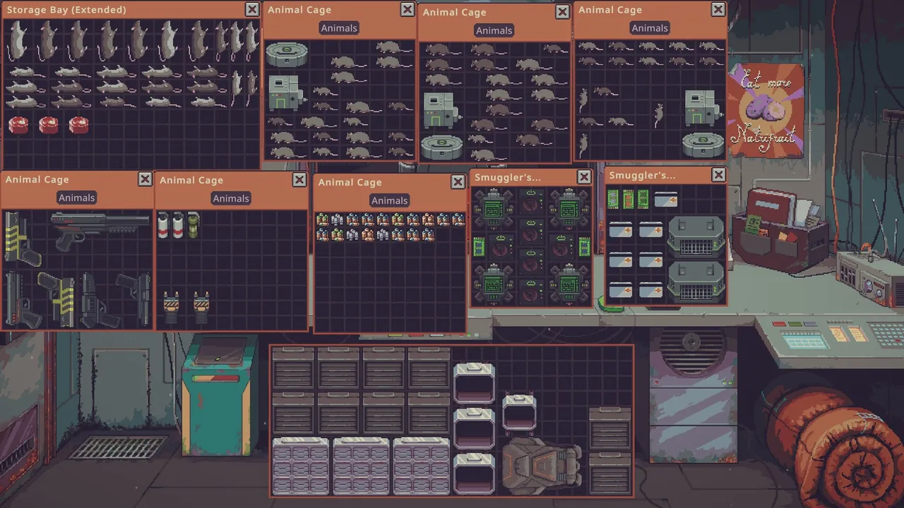 Official Steam store screenshot: storage bay and cage inventory panels arranged during a shop run