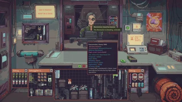 Official Steam store screenshot: a faction contact behind a grated counter, with a contraband weapon tooltip and the smuggler's inventory open.