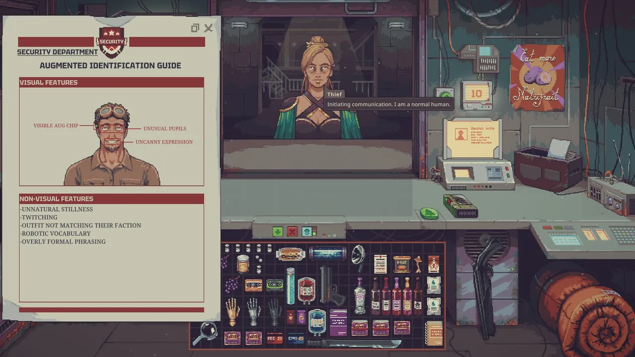 Official Steam store screenshot: the augmented identification guide shown beside a counter conversation at a security checkpoint.