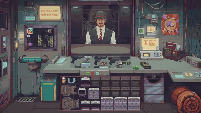 Official Steam store screenshot: a demo shop counter with weapons on display and the day counter showing rent due today.