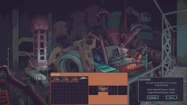 Official Steam store screenshot: the scavenging panel in a dark industrial yard, showing wound chance and remaining attempts.