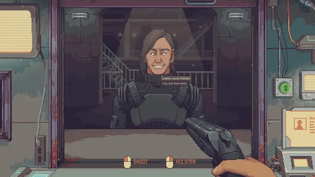 Official Steam store screenshot: a tense counter encounter in a demo run, with the game prompting a shoot-or-holster decision.