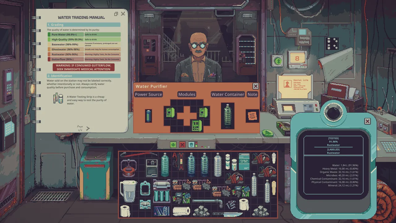Official Steam store screenshot: the water trading manual beside a purifier panel and a tester reading Rustwater at 91.96%.